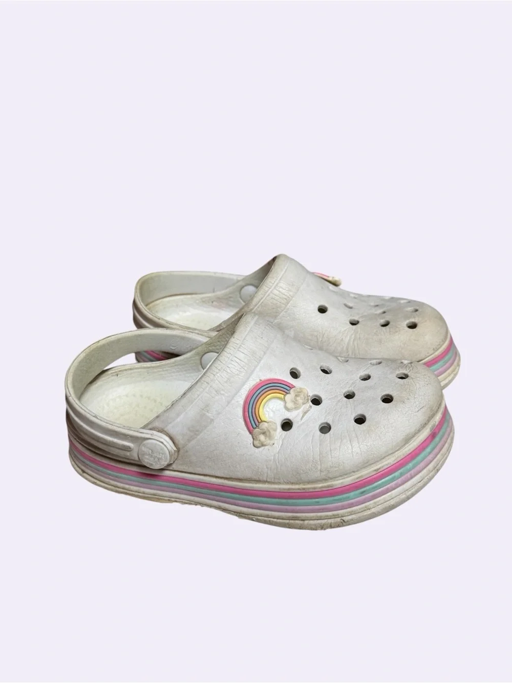 Kids White Croc Clog Sandals with Rainbow Accent size 9